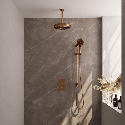 BRAUER Stripe Thermostatische Inbouw Regendouche - 3-weg - rechthoekig - 25cm douchekop - plafondarm - 3-standen handdouche - doucheslang - geïntegreerde glijstang - koper geborsteld PVD
