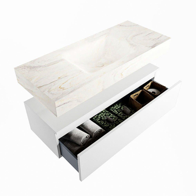 Mondiaz ALAN-DLUX Ensemble de meuble - 110cm - meuble Talc mat - 1 tiroir - Lavabo Cloud Ostra suspendu - vasque Centre - 1 trou de robinet