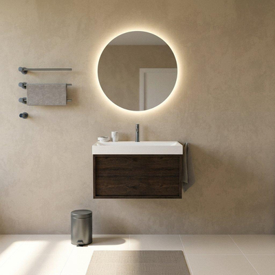 Saniclass Holz Frame Ensemble meuble de salle de bains - 80x45x47.5cm - lavabo Wave en céramique - 1 vasque - 1 trou de robinetterie - 1 tiroir - chêne charcoal mat (bois)