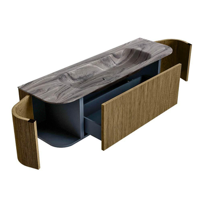 MONDIAZ KURVE-DLUX Meuble de salle de bains 150cm arrondi gauche + droite couleur Dusk avec 1 tiroir et 2 portes. Plan-vasque BIG MEDIUM Milieu sans trou de robinet Sombra.