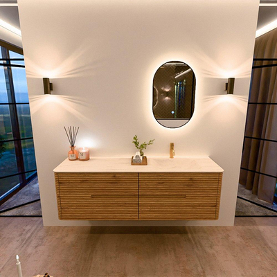 Mondiaz CIRO-DLUX Meuble de salle de bains - 160x45x50cm - Plan vasque solid surface Meli - 1 vasque à droite - 1 trou de robinet - 4 tiroirs - Chêne