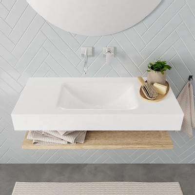 MONDIAZ ALAN 100cm - Ensemble meuble de salle de bains - tablette - chêne lavé - lavabo suspendu - vasque centrale - 0 trous de robinet - talc