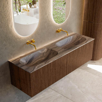 MONDIAZ KURVE-DLUX Meuble de salle de bains 150 cm couleur Walnut avec 2 tiroirs et 0 porte. Lavabo STOR SMALL Double sans trou de robinet Sombra.