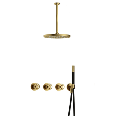 Hotbath Cobber @Work Regendoucheset - inbouw - 30cm plafondarm - 30cm ronde hoofddouche - staafhanddouche - Geborsteld messing PVD
