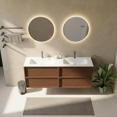Saniclass Holz Frame Ensemble meuble de salle de bains - 160x45x61.5cm - Flow lavabo en solid surface blanc - 2 vasques - 2 trous de robinet - 4 tiroirs - mat walnut pure (bois)