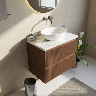Saniclass Holz Atelier Ensemble de meubles de salle de bains - 80x45x63cm - Plan vasque en marbre Dia poli (blanc) - sans trou de robinetterie - 2 tiroirs - walnut pure mat (bois)