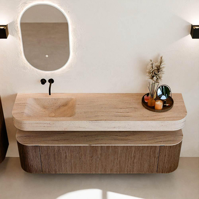 MONDIAZ THOR-DLUX 170cm badmeubel ronding links + rechts kleur Walnut met 1 lade en 2 deuren. Vrijhangende wastafel CLOUD Links zonder kraangat kleur Saba.