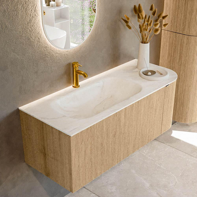 MONDIAZ KURVE-DLUX 115cm badmeubel met module 25 R kleur Oak met 1 lade en 1 deur. Wastafel BIG SMALL links 1 kraangat kleur Ostra.