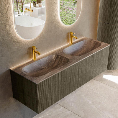 MONDIAZ KURVE-DLUX Meuble de salle de bains 140cm couleur Shadow avec 2 tiroirs et 0 porte. Lavabo STOR SMALL Double 2 trous de robinet Oza.