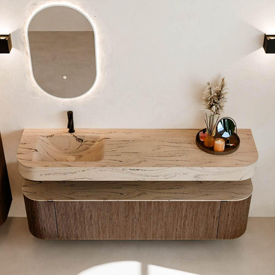 MONDIAZ THOR-DLUX 170cm badmeubel ronding links + rechts kleur Walnut met 1 lade en 2 deuren. Vrijhangende wastafel CLOUD Links 1 kraangat kleur Arena.