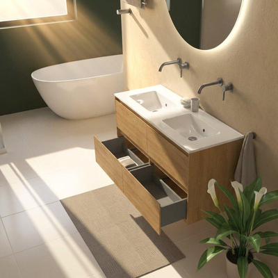 Saniclass Holz Pure Ensemble de meubles de salle de bains - 120x45x62cm - lavabo Vygo en céramique blanc - 2 vasques - sans trous de robinetterie - 4 tiroirs - chêne natural mat (bois)