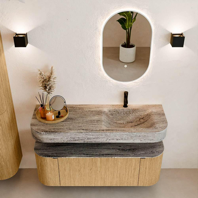 MONDIAZ THOR-DLUX 130cm badmeubel ronding links + rechts kleur Oak met 1 lade en 2 deuren. Vrijhangende wastafel CLOUD Rechts 1 kraangat kleur Oza.