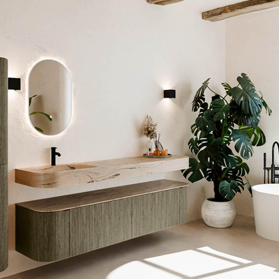 MONDIAZ THOR-DLUX Meuble de salle de bains 190cm arrondi gauche + droite couleur Shadow avec 2 tiroirs et 2 portes. Vasque suspendue CLOUD Gauche 1 trou de robinet couleur Arena.