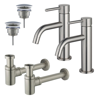 FortiFura Calvi Kit robinet lavabo - pour double vasque - robinet bas - bonde non-obturable - siphon design bas - Inox brossé PVD