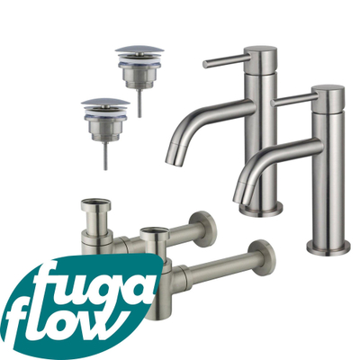 FugaFlow Eccelente Sobrado Badkamer Slim Wastafelkraanset - voor dubbele wastafel - lage wastafelkraan - always open plug - verlaagde design sifon - PVD Geborsteld RVS