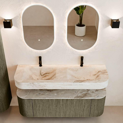 MONDIAZ THOR-DLUX 140cm meuble de salle de bains arrondi gauche + droite couleur Shadow avec 1 tiroir et 2 portes. Vasque suspendue CLOUD Double 2 trous de robinet couleur Frappe.