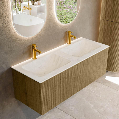 Mondiaz KURVE-DLUX Badkamermeubelset - 120x46x40cm - 1 lade - wastafel solid surface - dubbel - 2 kraangaten - Dusk