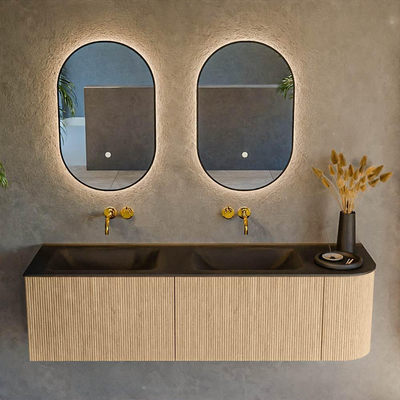 MONDIAZ KURVE 155cm Meuble salle de bain avec module 25 D - couleur Oak - 2 tiroirs - 1 porte - vasque CLOUD double / gauche - sans trous de robinet - Urban