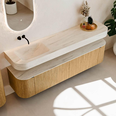 MONDIAZ THOR-DLUX 190cm meuble de salle de bains arrondi gauche + droite couleur Oak avec 2 tiroirs et 2 portes. Vasque suspendue CLOUD gauche sans trou de robinet couleur Meli.