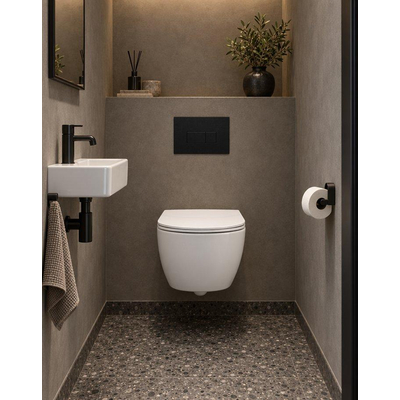 QeramiQ Dely Swirl Compact Ensemble WC - réservoir encastré QeramiQ flush - abattant slim - plaque de commande métallique noir mat - boutons ronds - blanc brillant
