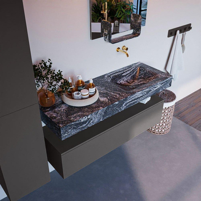 Mondiaz ALAN-DLUX Ensemble de meuble - 130cm - meuble Dark grey mat - 1 tiroir - Lavabo Cloud Lava suspendu - vasque droite - 0 trous de robinet