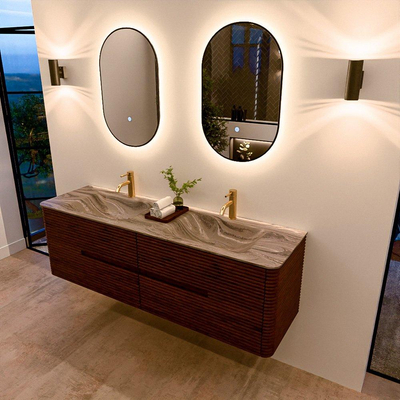 Mondiaz CIRO-DLUX Meuble de salle de bains - 160x45x50cm - Plan vasque solid surface Sombra - 2 vasques Double - 2 trous de robinetterie - 4 tiroirs - Ruby