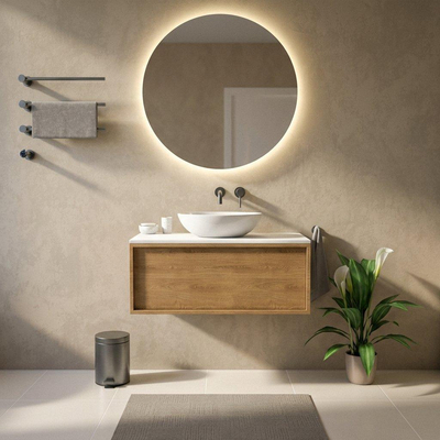 Saniclass Holz Frame Ensemble de meubles de salle de bains - 100x45x42.5cm - Plan de toilette Torino en solid surface blanc - sans trou de robinet - 1 tiroir - chêne naturel mat (bois)