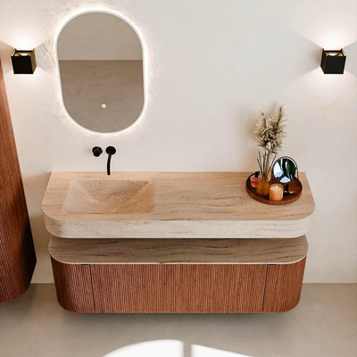 MONDIAZ THOR-DLUX 150cm meuble de salle de bains arrondi gauche + droite couleur Ruby avec 1 tiroir et 2 portes. Vasque suspendue CLOUD Gauche sans trou de robinet couleur Saba.