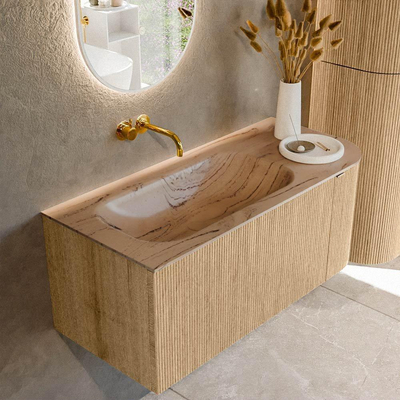 MONDIAZ KURVE-DLUX 105cm badmeubel ronding Rechts kleur Oak met 1 lade en 1 deur. Wastafel BIG SMALL Links zonder kraangat Arena.