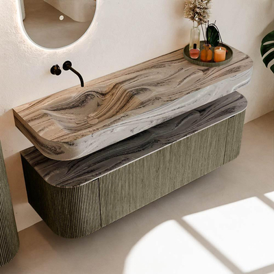 MONDIAZ THOR-DLUX 150cm badmeubel ronding links + rechts kleur Shadow met 1 lade en 2 deuren. Vrijhangende wastafel CLOUD Links zonder kraangat kleur Sombra.