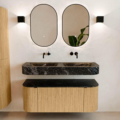 MONDIAZ THOR-DLUX 120cm badmeubel ronding links + rechts kleur Oak met 1 lade en 2 deuren. Vrijhangende wastafel CLOUD Dubbel zonder kraangat kleur Lava.