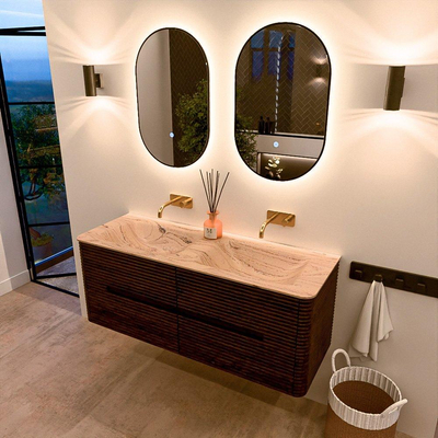 Mondiaz CIRO-DLUX Meuble de salle de bains - 130x45x50cm - Plan vasque solid surface Arena - 2 vasques double - sans trous de robinet - 4 tiroirs - Noyer