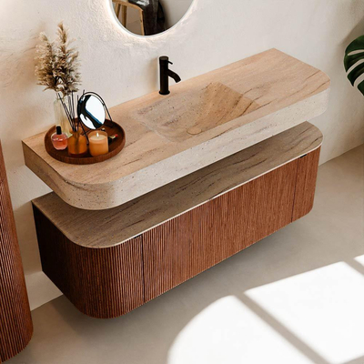 MONDIAZ THOR-DLUX 140cm meuble de salle de bains arrondi gauche + droite couleur Ruby avec 1 tiroir et 2 portes. Vasque suspendue CLOUD Milieu 1 trou de robinet couleur Saba.