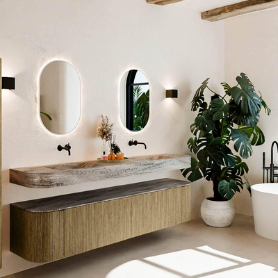 MONDIAZ THOR-DLUX 200cm badmeubel ronding links + rechts kleur Dusk met 2 lades en 2 deuren. Vrijhangende wastafel CLOUD Dubbel zonder kraangat kleur Oza.