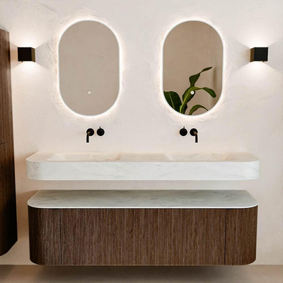 MONDIAZ THOR-DLUX 160cm meuble de salle de bains arrondi gauche + droite couleur Walnut avec 1 tiroir et 2 portes. Vasque suspendue CLOUD Double sans trou de robinet couleur Opalo.