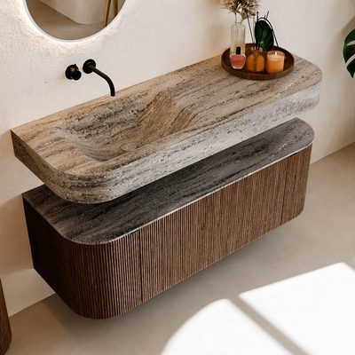 MONDIAZ THOR-DLUX 130cm badmeubel ronding links + rechts kleur Walnut met 1 lade en 2 deuren. Vrijhangende wastafel CLOUD Links zonder kraangat kleur Oza.
