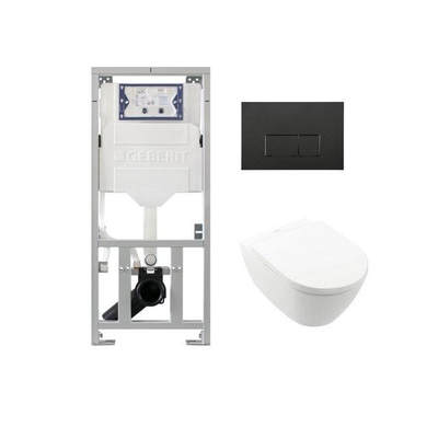 Villeroy & Boch Subway 2.0 wandcloset - 56cm - met Geberit UP320 inbouwreservoir - met Saniclass closetzitting - QeramiQ Push Bedieningsplaat - rechthoekige knoppen - zwart mat
