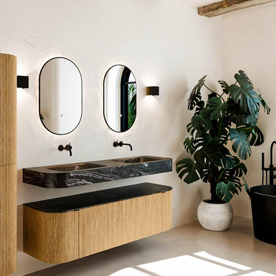 MONDIAZ THOR-DLUX 150cm meuble de salle de bains arrondi gauche + droite couleur Oak avec 1 tiroir et 2 portes. Vasque suspendue CLOUD Double sans trou de robinet couleur Lava.