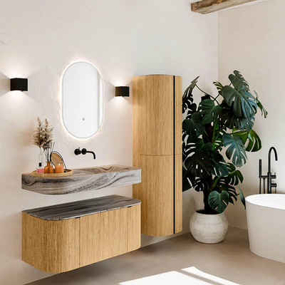 MONDIAZ THOR-DLUX 100cm badmeubel ronding links + rechts kleur Oak met 1 lade en 2 deuren. Vrijhangende wastafel CLOUD Rechts zonder kraangat kleur Sombra.