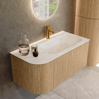 MONDIAZ KURVE-DLUX 95cm Meuble salle de bain avec module 25 G - couleur Oak - 1 tiroir - 1 porte - vasque BIG SMALL droite - 1 trou de robinet - couleur Ostra