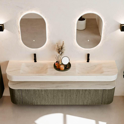 MONDIAZ THOR-DLUX 200cm meuble de salle de bains arrondi gauche + droite couleur Shadow avec 2 tiroirs et 2 portes. Vasque suspendue CLOUD Double 2 trous de robinet couleur Meli.