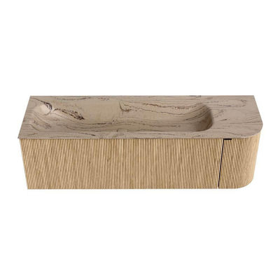 MONDIAZ KURVE-DLUX Meuble de salle de bains 145cm arrondi à droite couleur Chêne avec 1 tiroir et 1 porte. Lavabo BIG LARGE gauche 1 trou de robinet Arena.