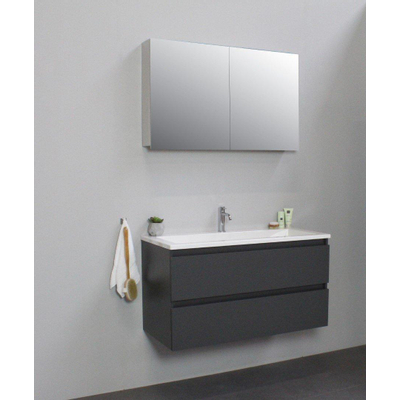 Basic Bella Meuble avec lavabo acrylique avec 1 trou de robinet et armoire de toilette à 2 portes grise 100x55x46cm Flat Pack Anthracite mat