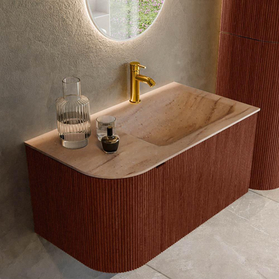 MONDIAZ KURVE-DLUX 85cm badmeubel ronding Links kleur Ruby met 1 lade en 1 deur. Wastafel CLOUD Rechts 1 kraangat Saba.
