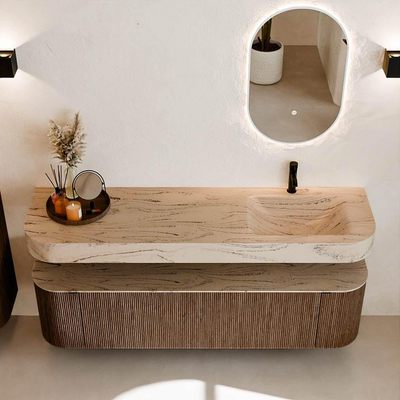 MONDIAZ THOR-DLUX 170cm badmeubel ronding links + rechts kleur Walnut met 1 lade en 2 deuren. Vrijhangende wastafel CLOUD Rechts 1 kraangat kleur Arena.