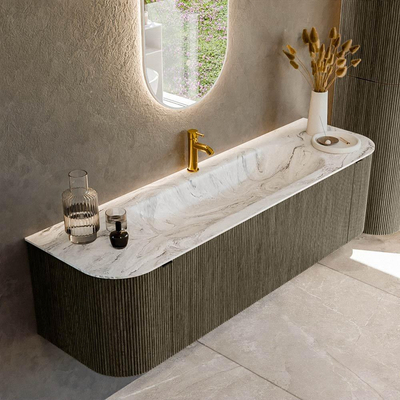 Mondiaz KURVE-DLUX Badkamermeubelset - 160x46x40cm - 1 lade - 2 deuren - wastafel solid surface - midden - 1 kraangat - Shadow