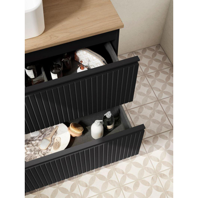 Saniclass Prime Blend Wastafelonderkast - 60x55x45.9cm - 2 lades - geintegreerde greep - MDF - mat zwart incl Wastafel Chaci met kraangat *SHOWMODEL*