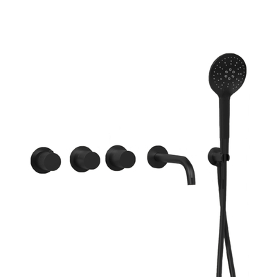Fortifura Nebbio Ensemble combiné bain - mitigeur thermostatique - coude mural avec support de douchette - flexible de douche lisse - douchette ronde - bec - noir mat