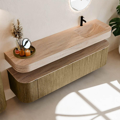 MONDIAZ THOR-DLUX 180cm meuble de salle de bains arrondi gauche + droite couleur Dusk avec 2 tiroirs et 2 portes. Vasque suspendue CLOUD Droite 1 trou de robinet couleur Saba.