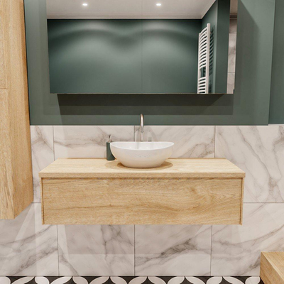 ENSEMBLE DE MEUBLE MONDIAZ LUSH - 120cm - 1 tiroir - lavabo BARCO - vasque centrale - 1 trou de robinet - chêne blanchi